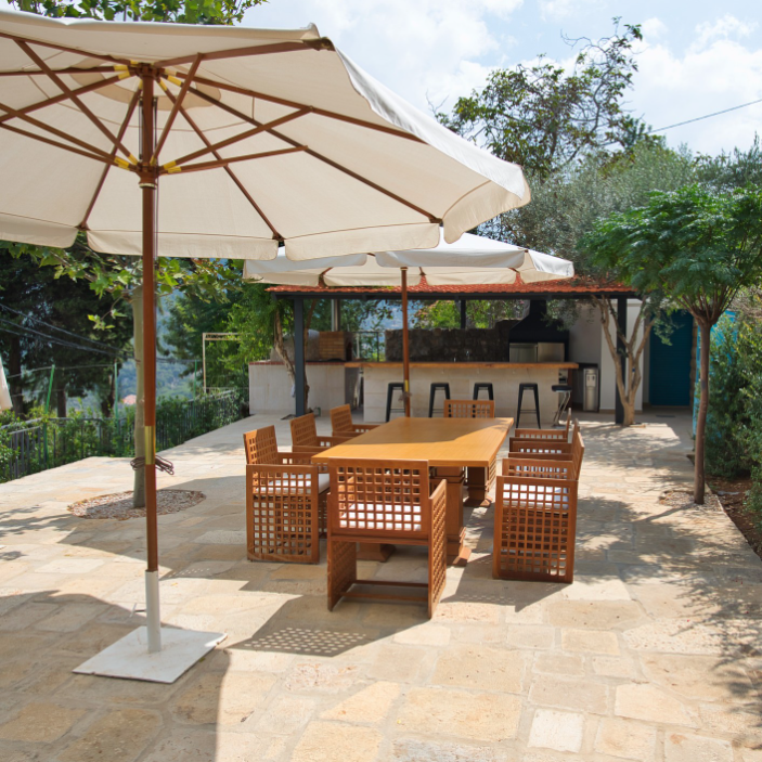 Modern lounge seating mixed with old architectural arches